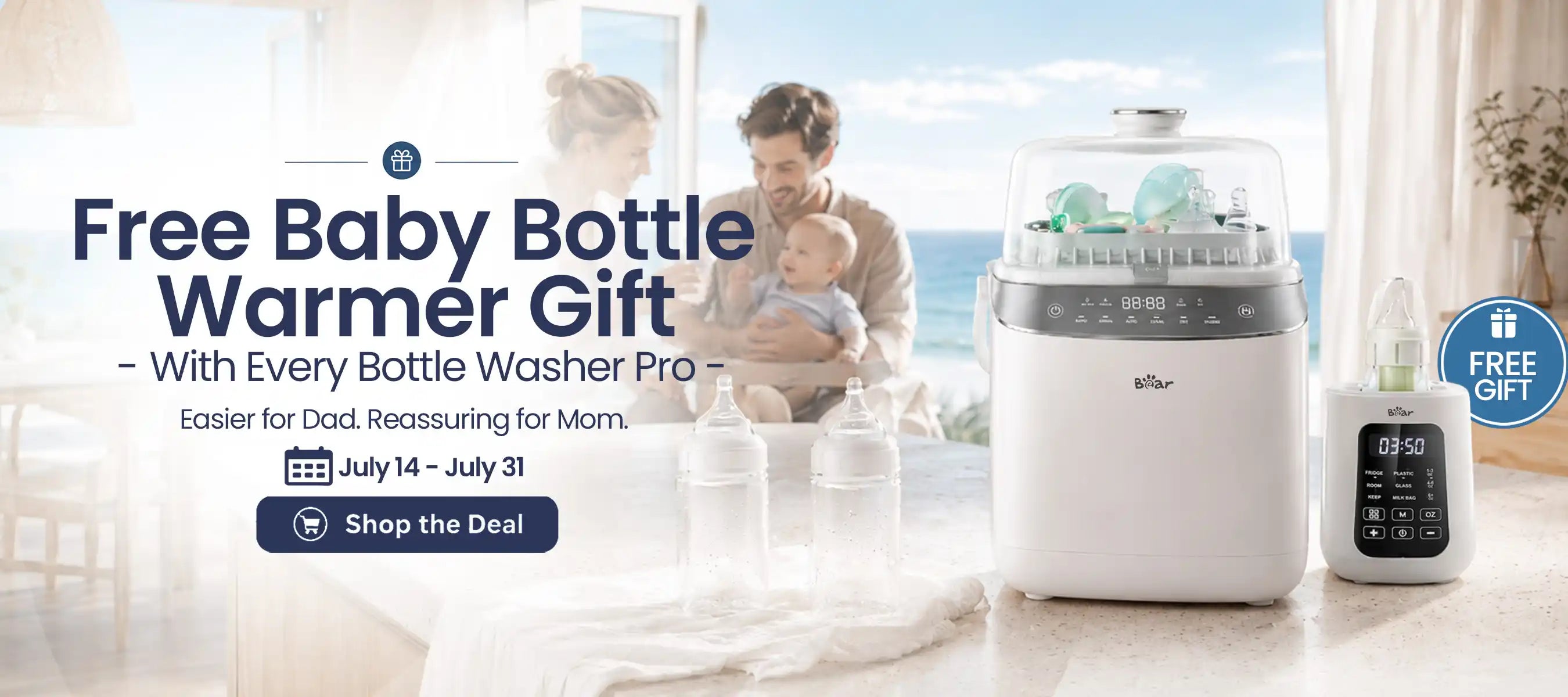 BEARFORBABY desktop promotional banner featuring the Bear Bottle Washer Pro with a free Bear Portable Bottle Warmer for Travel, available July 14 through July 31.