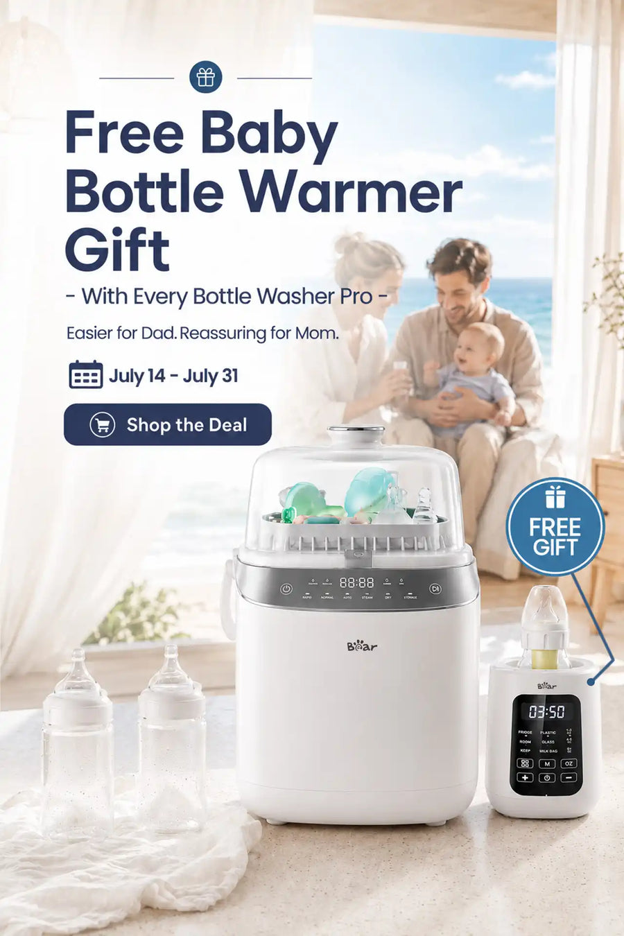 BEARFORBABY mobile promotional banner featuring the Bear Bottle Washer Pro with a free Bear Portable Bottle Warmer for Travel, available July 14 through July 31.