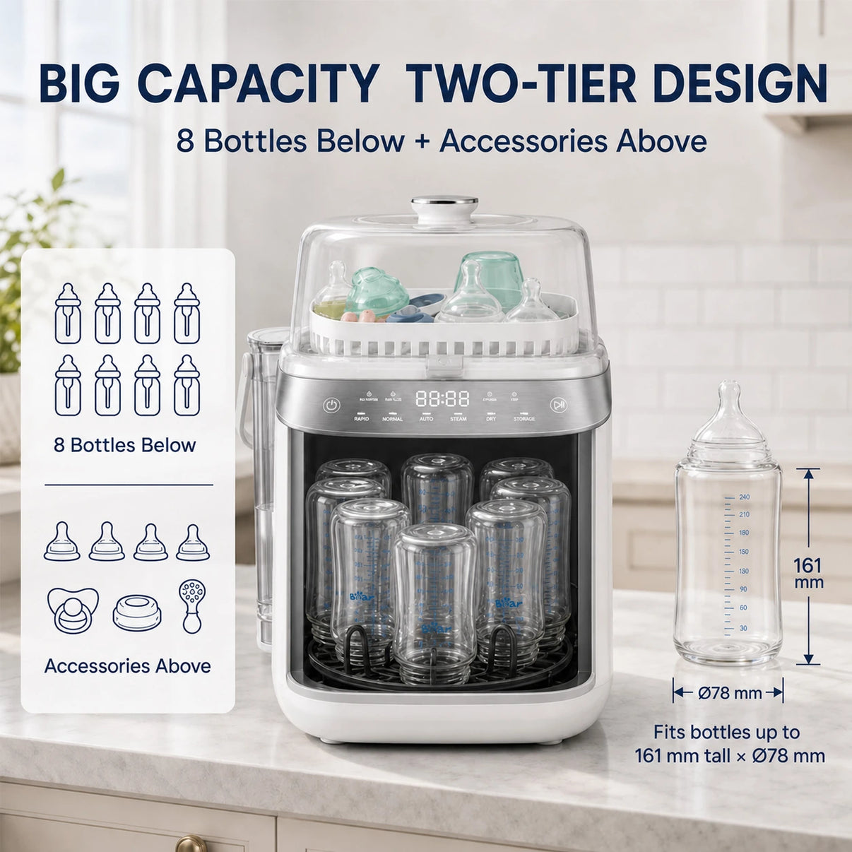Bear Bottle Washer Pro with two-tier design holding up to eight baby bottles and accessories.