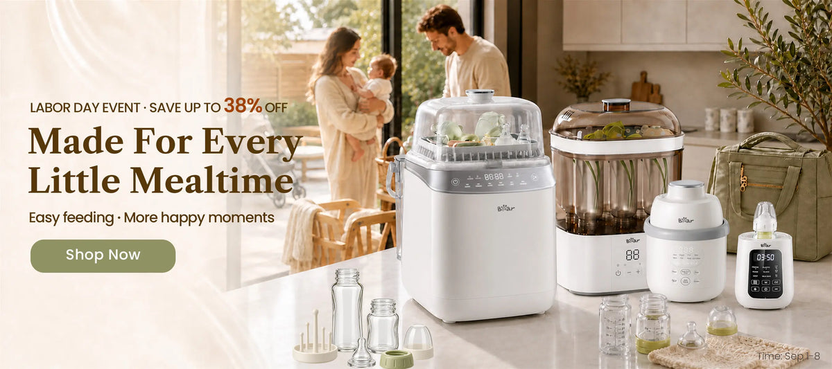 Bearforbaby Labor Day baby feeding essentials featuring the Bottle Washer Pro, Baby Bottle Warmer, NutriEase Baby Food Maker, Portable Bottle Warmer, and 2 Layers Bottle Sterilizer and Dryer in a family kitchen.