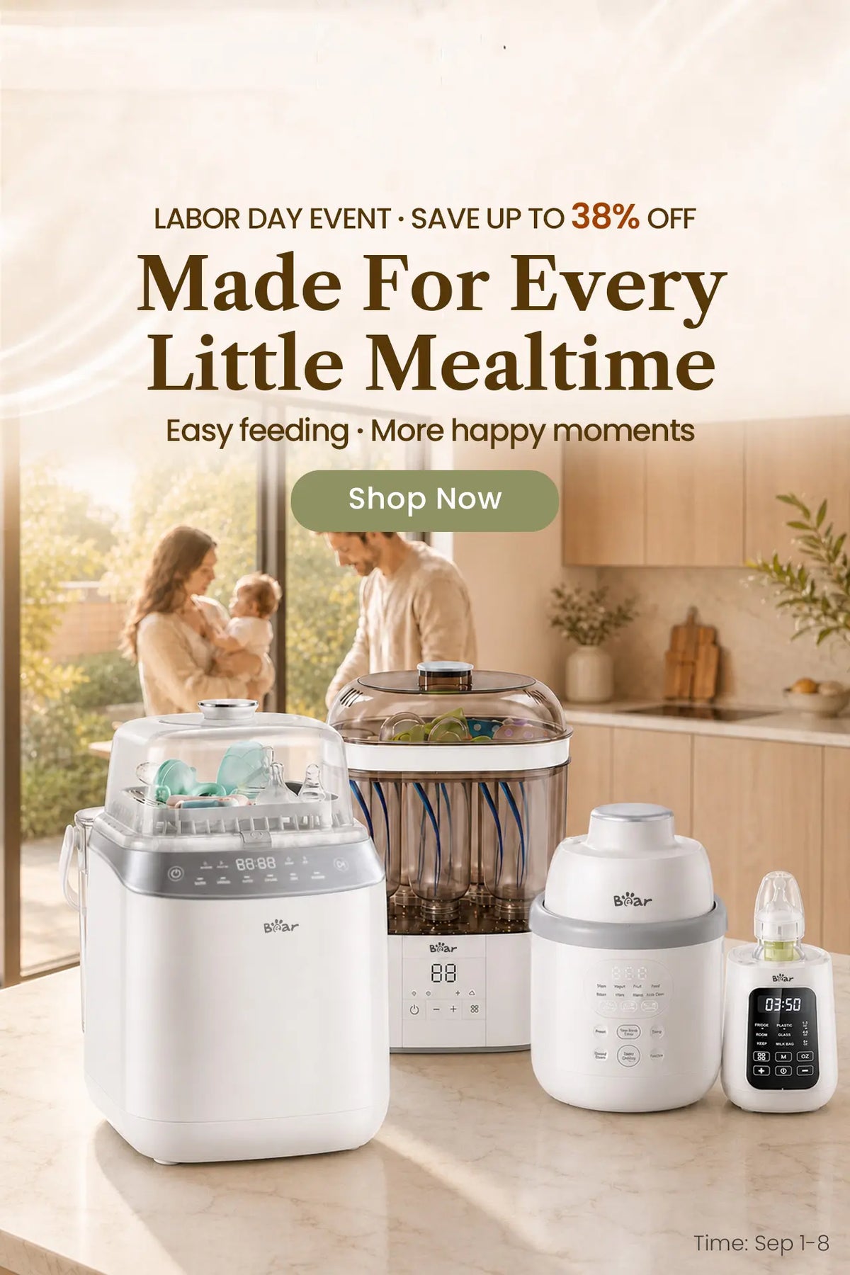 Bearforbaby Labor Day offer featuring the Bottle Washer Pro with a free Portable Bottle Warmer for Travel in a family kitchen.