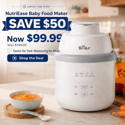 Bearforbaby NutriEase Baby Food Maker making fresh baby puree with vegetables and smooth homemade baby food.