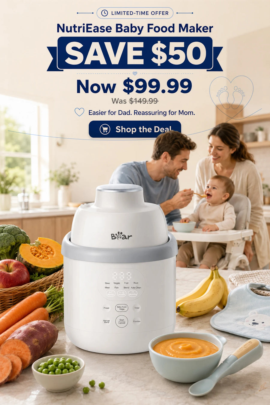 Bearforbaby NutriEase Baby Food Maker with parents feeding baby, fresh ingredients, and limited-time save $50 offer.