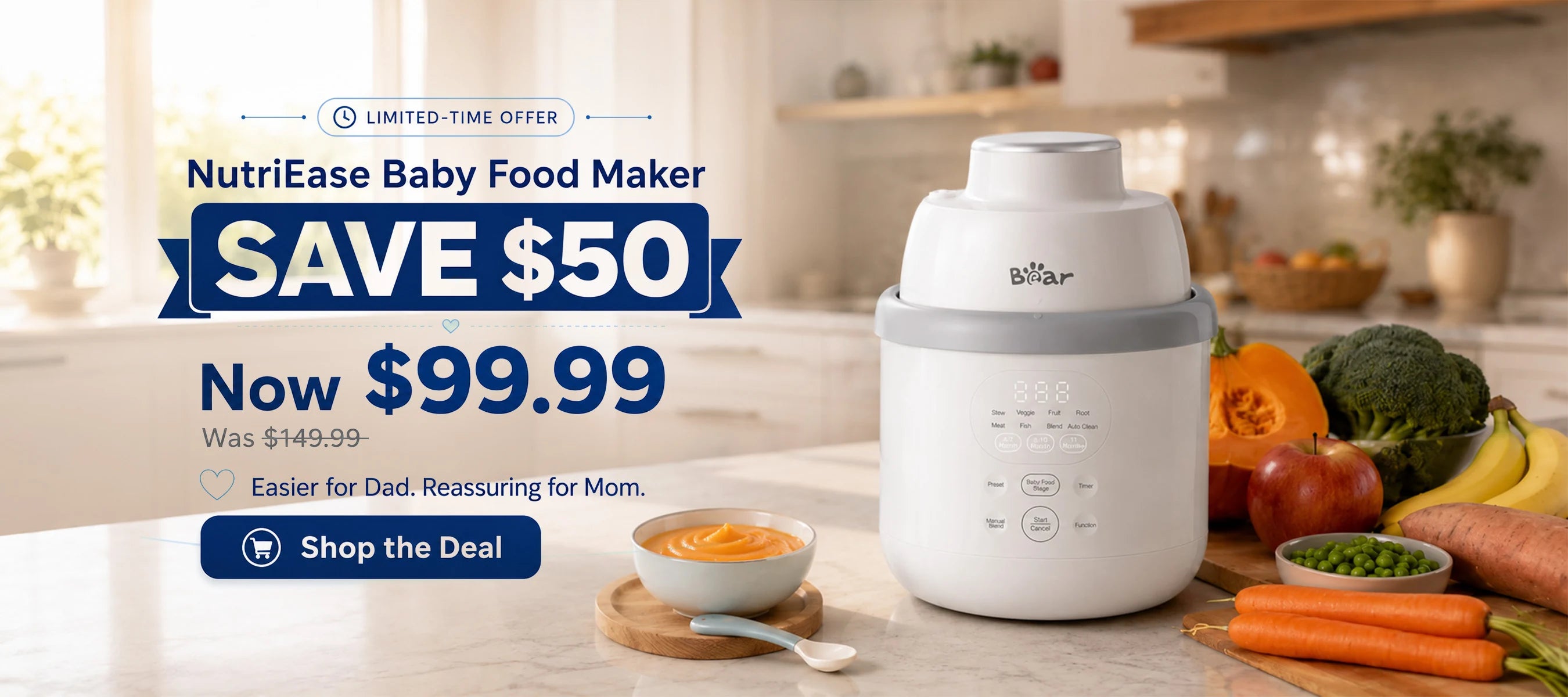 Bearforbaby NutriEase Baby Food Maker save $50 banner with fresh fruits, vegetables, and baby puree in a kitchen.