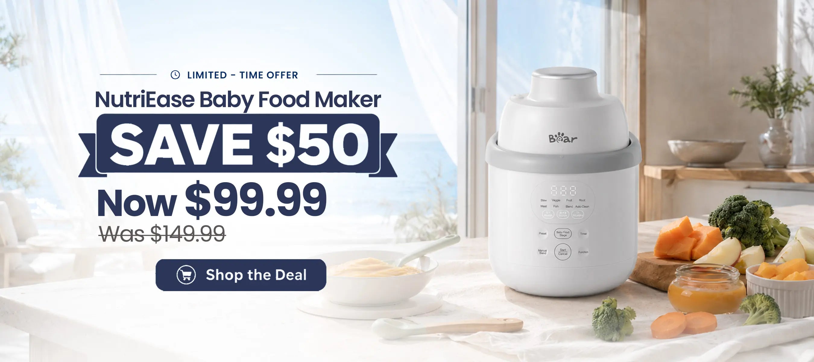 BEARFORBABY desktop sale banner featuring the Bear NutriEase Stainless Steel All Stage Baby Food Maker with fresh ingredients, now $99.99 with a $50 limited-time discount.