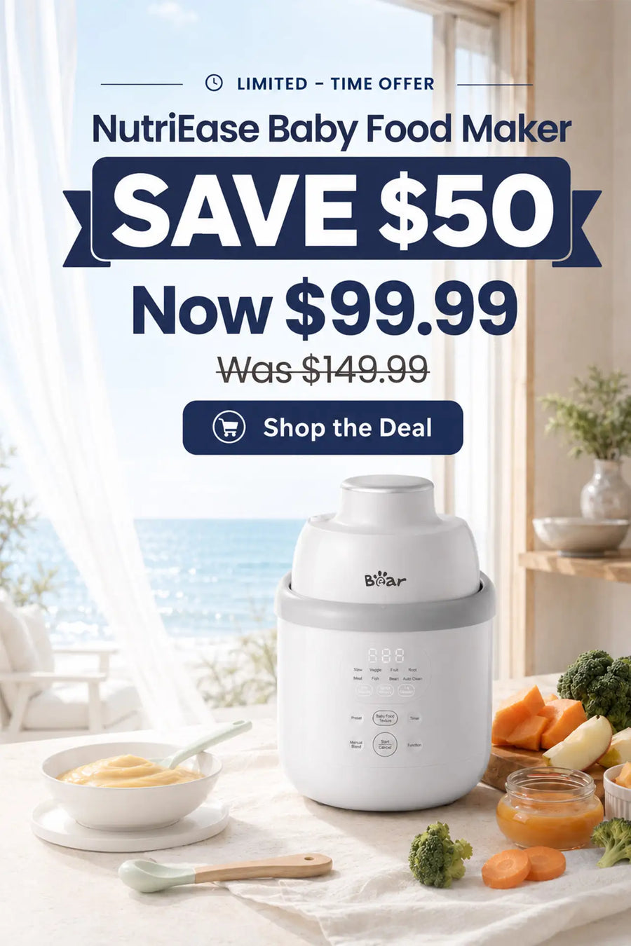 BEARFORBABY mobile sale banner featuring the Bear NutriEase Stainless Steel All Stage Baby Food Maker, now $99.99 with a $50 limited-time discount.