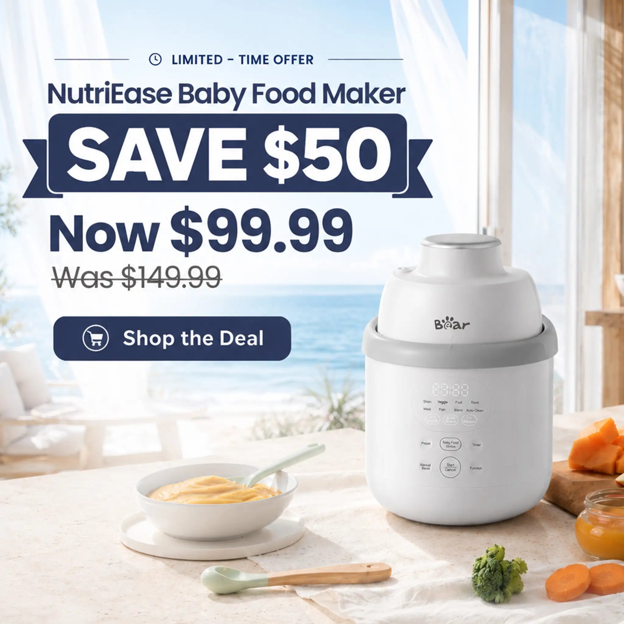 BEARFORBABY square sale banner featuring the Bear NutriEase Stainless Steel All Stage Baby Food Maker with baby puree and fresh vegetables, now $99.99 with a $50 limited-time discount.
