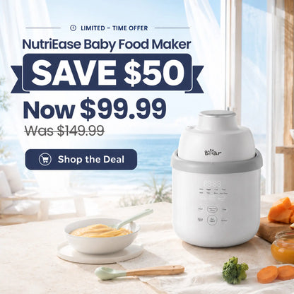BEARFORBABY square sale banner featuring the Bear NutriEase Stainless Steel All Stage Baby Food Maker with baby puree and fresh vegetables, now $99.99 with a $50 limited-time discount.