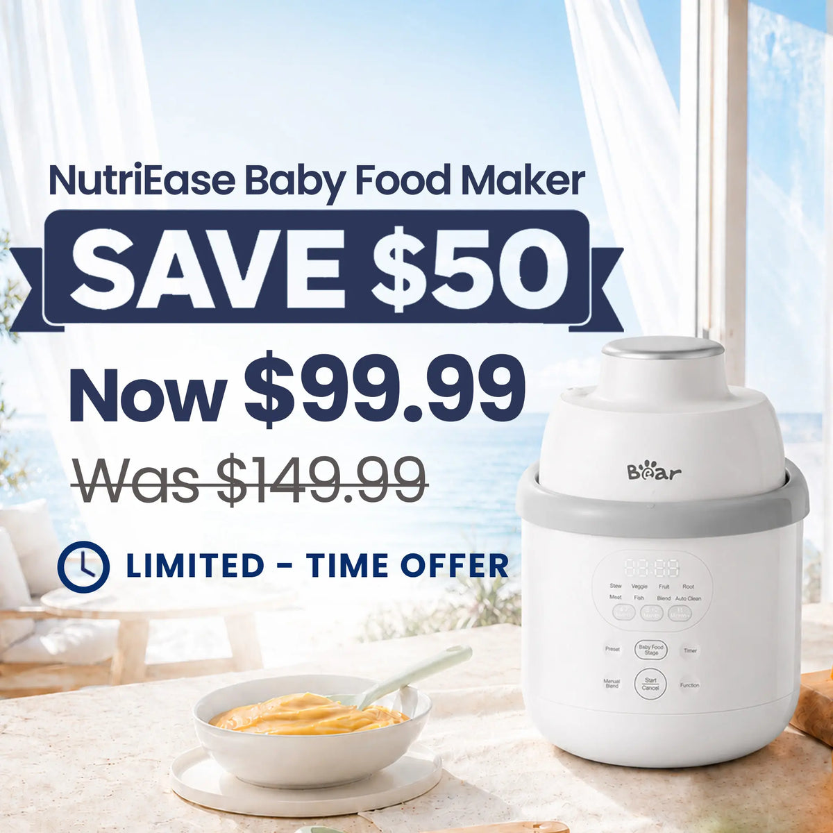 Bearforbaby NutriEase Stainless Steel All Stage Baby Food Maker on sale for $99.99 in a bright coastal kitchen.