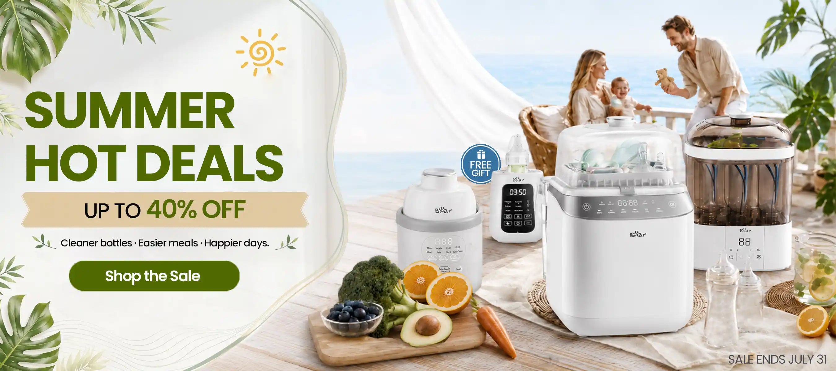 BEARFORBABY Summer Hot Deals banner offering up to 40% off, featuring the Bear Bottle Washer Pro, Bear Baby Bottle Warmer, Bear NutriEase Stainless Steel All Stage Baby Food Maker, Bear Portable Bottle Warmer for Travel, and Bear 2 Layers Bottle Sterilizer and Dryer with a free gift offer.