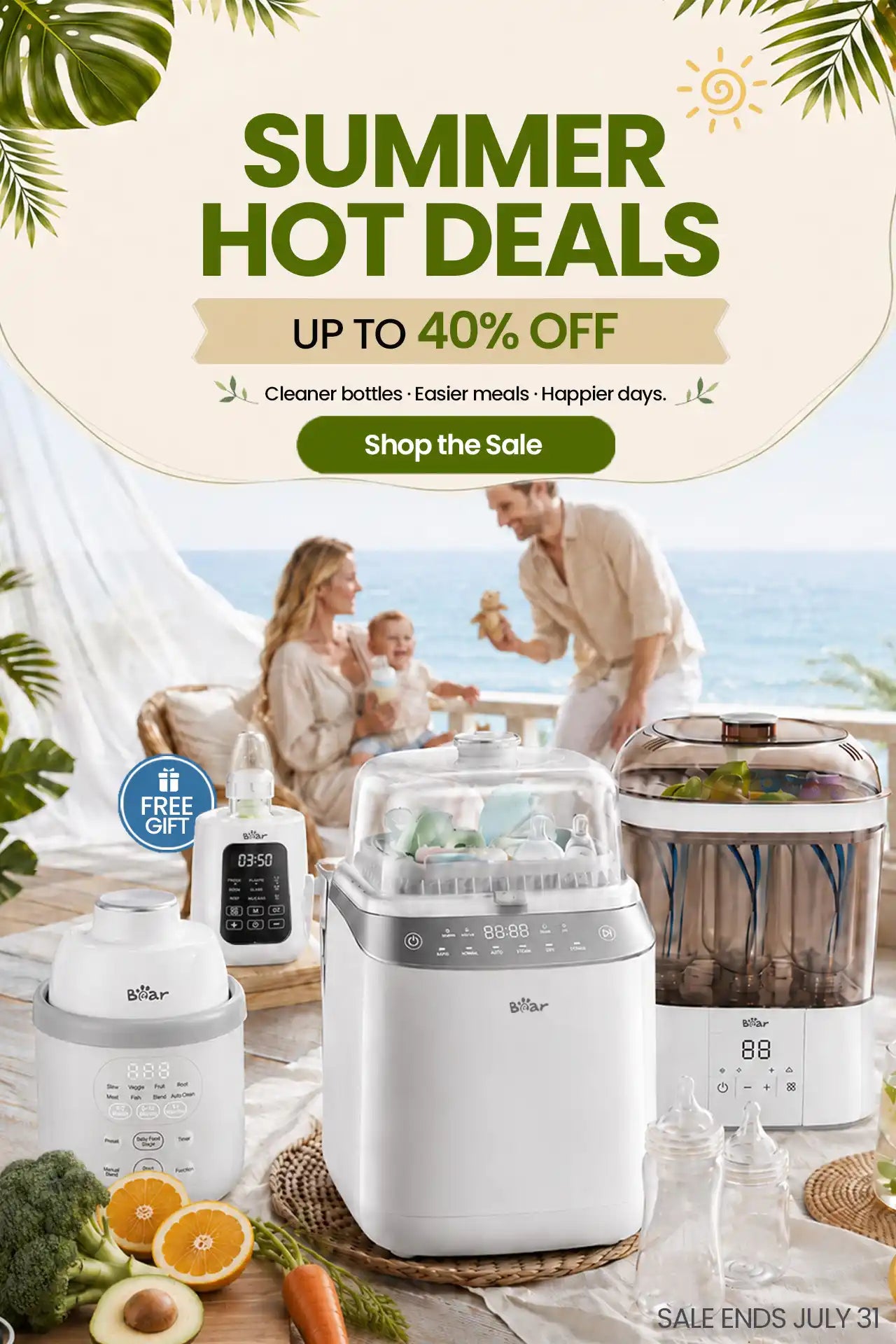 BEARFORBABY Summer Hot Deals mobile banner featuring the Bear Bottle Washer Pro, Bear NutriEase Stainless Steel All Stage Baby Food Maker, Bear Portable Bottle Warmer for Travel, and Bear 2 Layers Bottle Sterilizer and Dryer with up to 40% off.