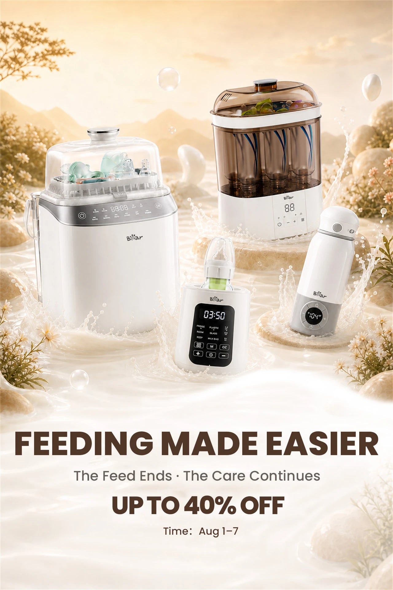 bearforbaby World Breastfeeding Week mobile promotional banner featuring the Bear Bottle Washer Pro, Bear Baby Bottle Warmer, Bear NutriEase Stainless Steel All Stage Baby Food Maker, Bear Portable Bottle Warmer for Travel, and Bear 2 Layers Bottle Sterilizer and Dryer for All Bottles & Accessories.
