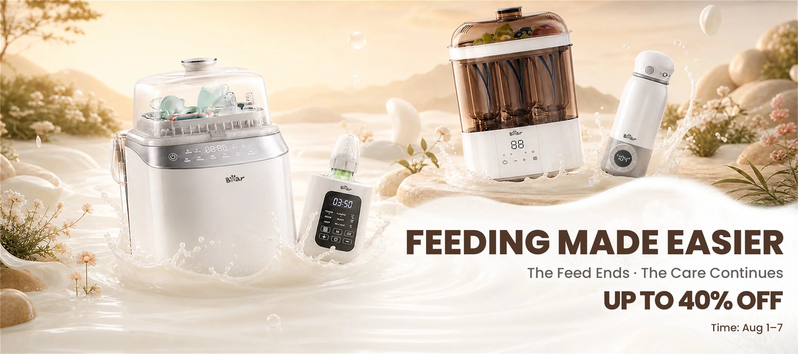 bearforbaby World Breastfeeding Week promotional banner featuring the Bear Bottle Washer Pro, Bear Baby Bottle Warmer, Bear NutriEase Stainless Steel All Stage Baby Food Maker, Bear Portable Bottle Warmer for Travel, and Bear 2 Layers Bottle Sterilizer and Dryer for All Bottles & Accessories.